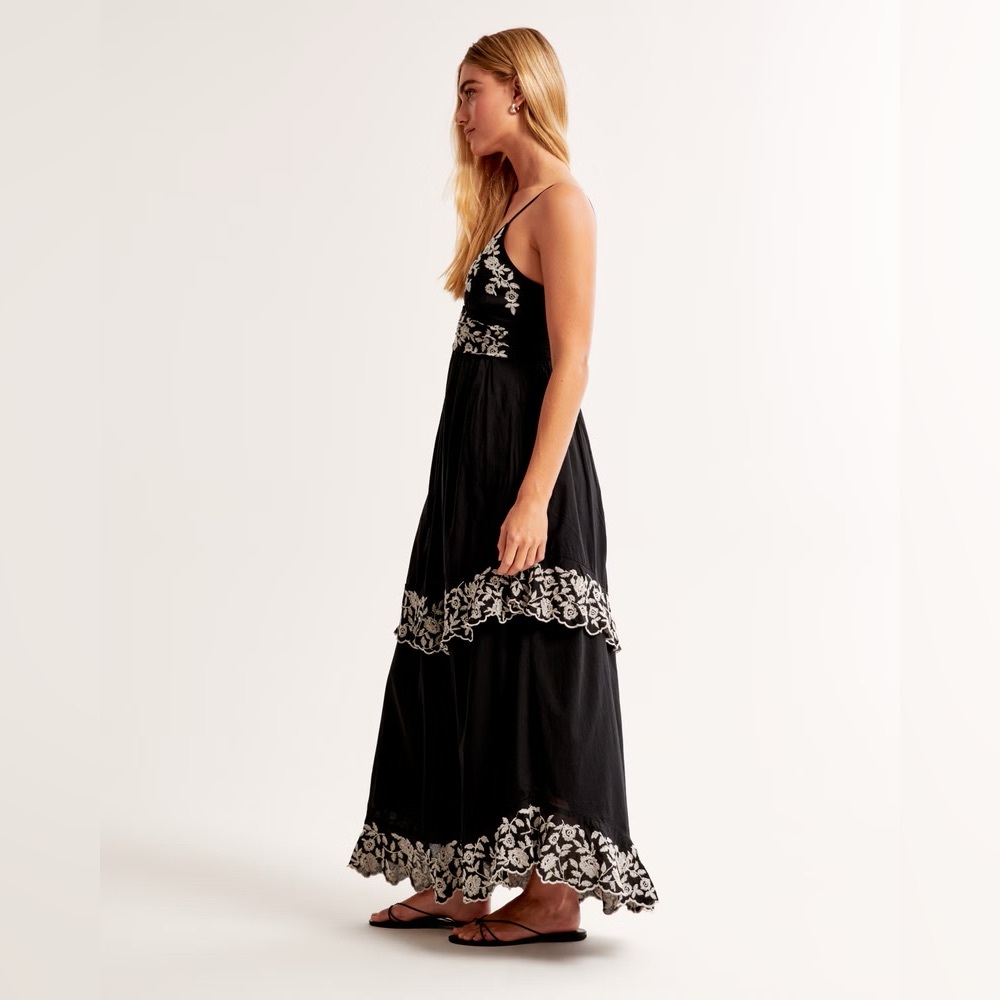 Abercrombie Black Embroidered Tiered Maxi Dress Boho Lace XXS NWT - Picture 3 of 8